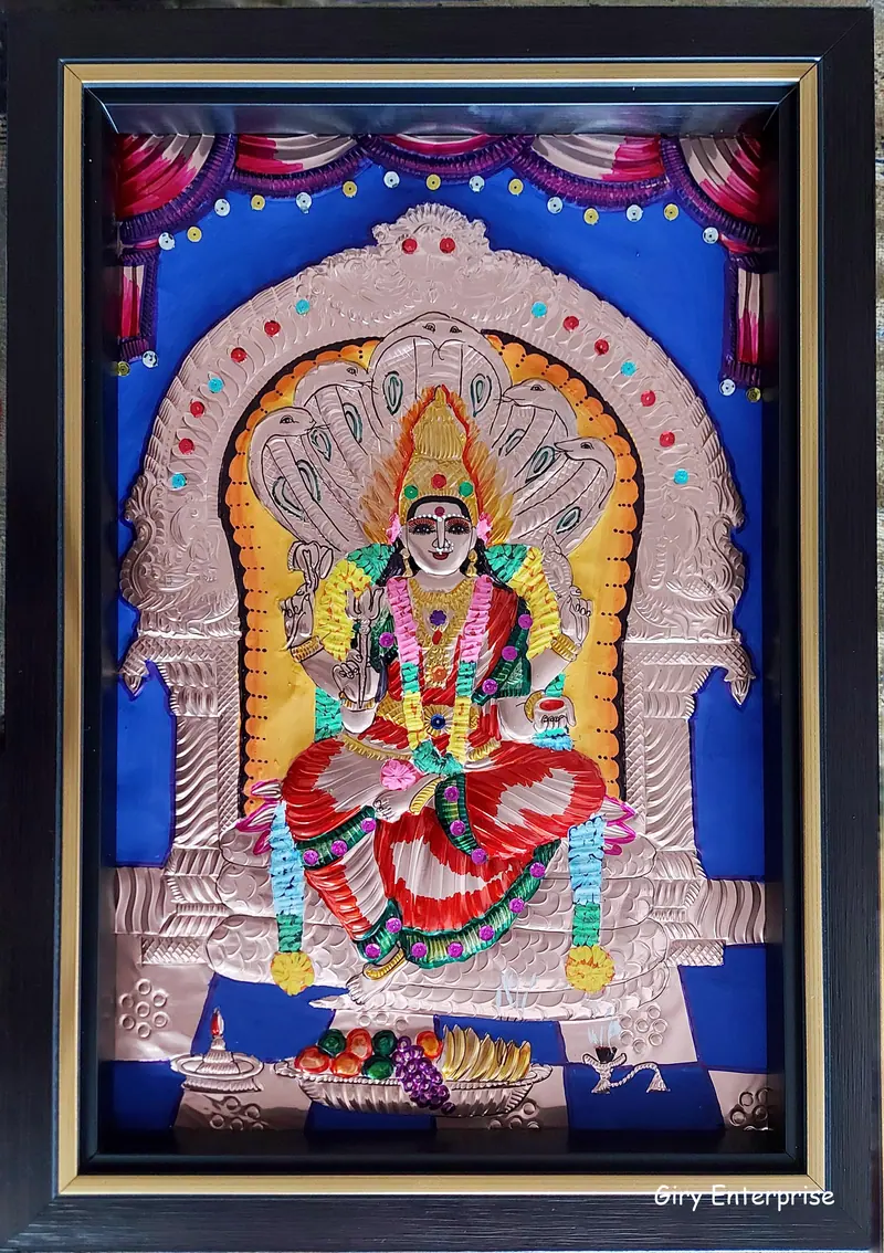 Nagamma in hand-tooled copper, painted and framed, full frontal view