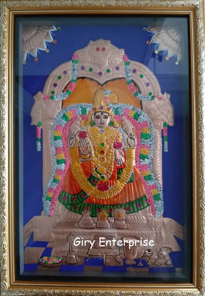 Namagiri Thayar in hand-tooled copper, painted and framed, full frontal view