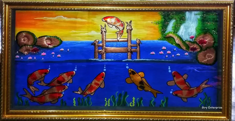 Nine Jumping Fish Feng Shui in hand-tooled copper, painted and framed, full frontal view