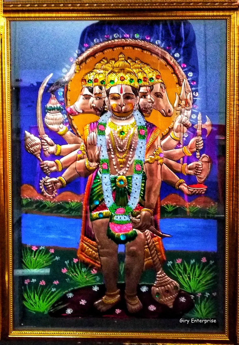 Panchamuka Anjaneyar in hand-tooled copper, painted and framed, full frontal view