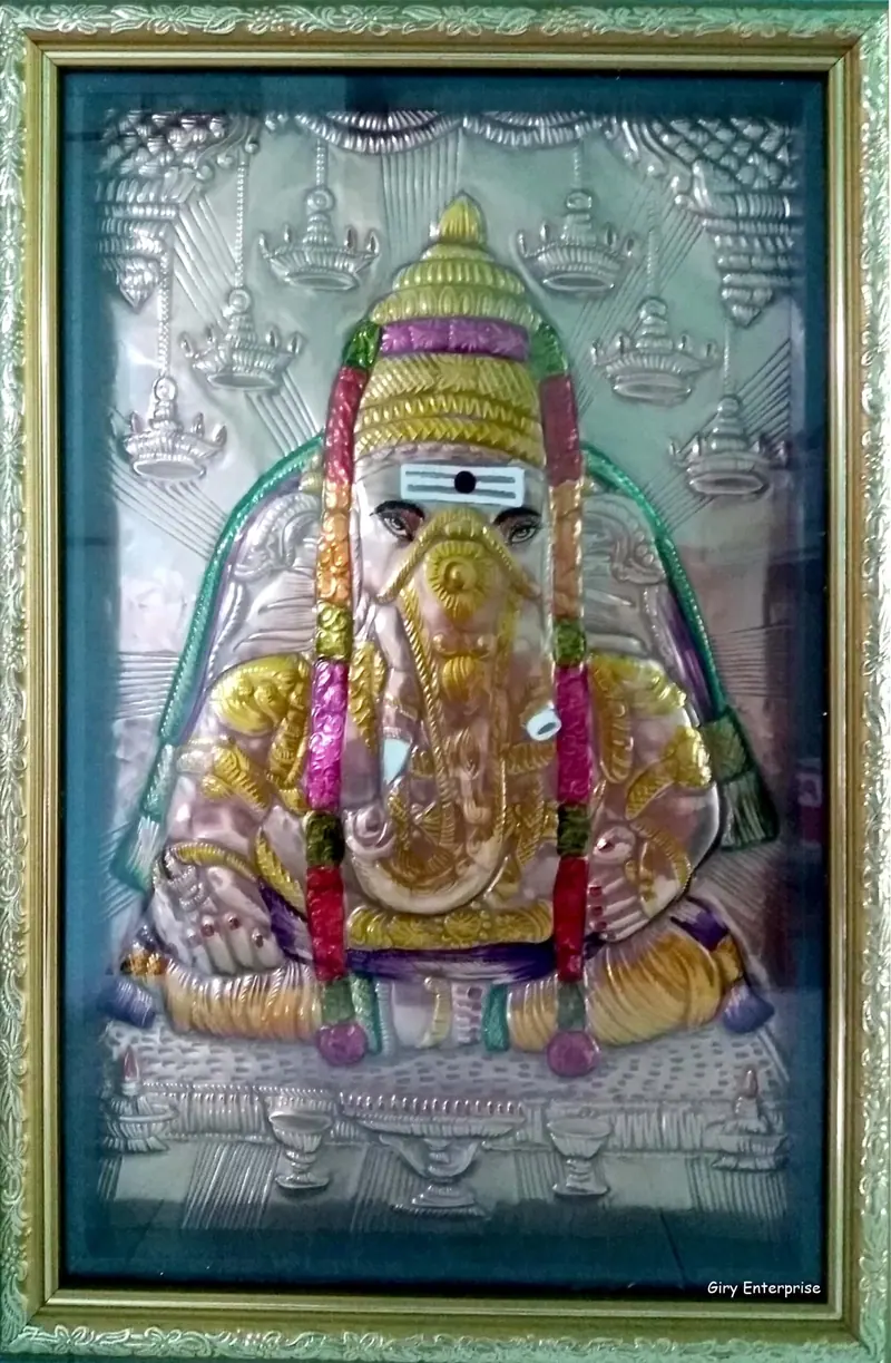 Pillayarpatti Karpaga Vinayagar in hand-tooled copper, painted and framed, full frontal view