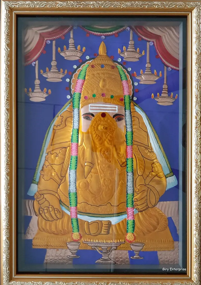 Pillayarpatti Karpaga Vinayagar in hand-tooled copper, painted and framed, full frontal view
