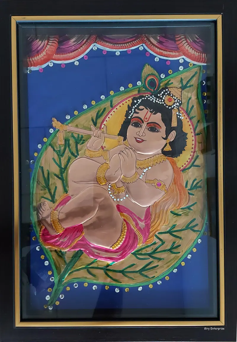 Pralaya Kannan in hand-tooled copper, painted and framed, full frontal view