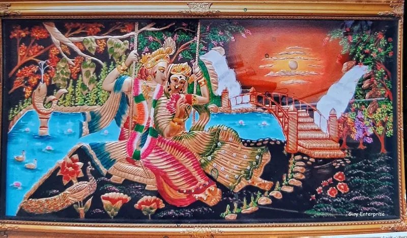 Radhe Krishna in hand-tooled copper, painted and framed, full frontal view