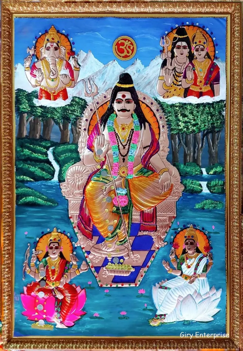 Raja Muniswarar in hand-tooled copper, painted and framed, full frontal view