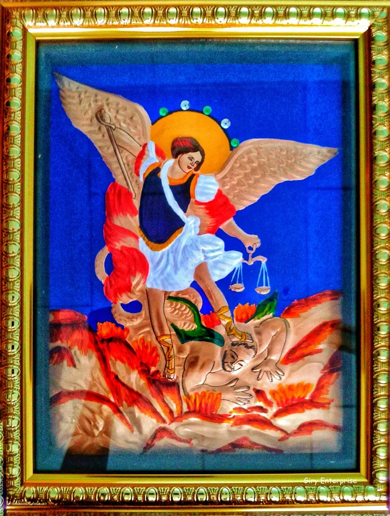 Saint Michael (Archangel) in hand-tooled copper, painted and framed, full frontal view
