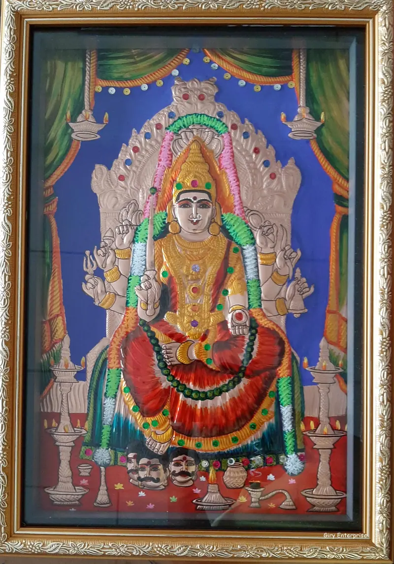Samayapurathu Mariamman in hand-tooled copper, painted and framed, full frontal view