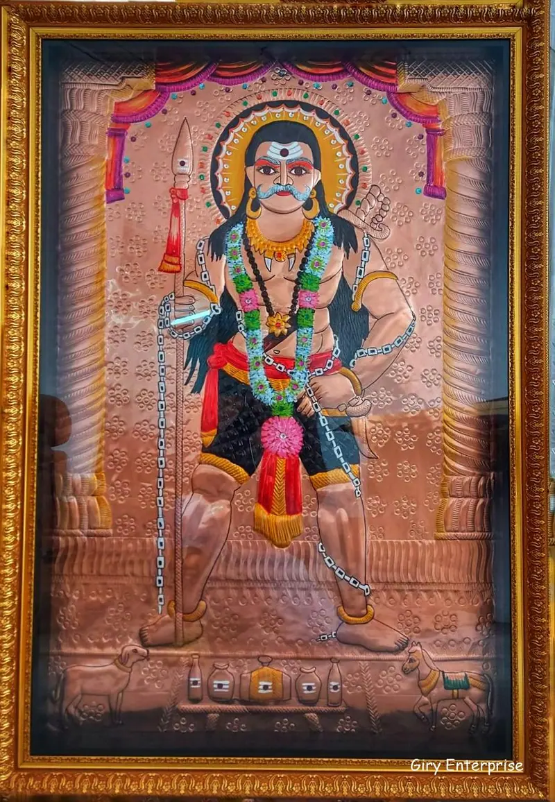 Sanggili Karuppar in hand-tooled copper, painted and framed, full frontal view