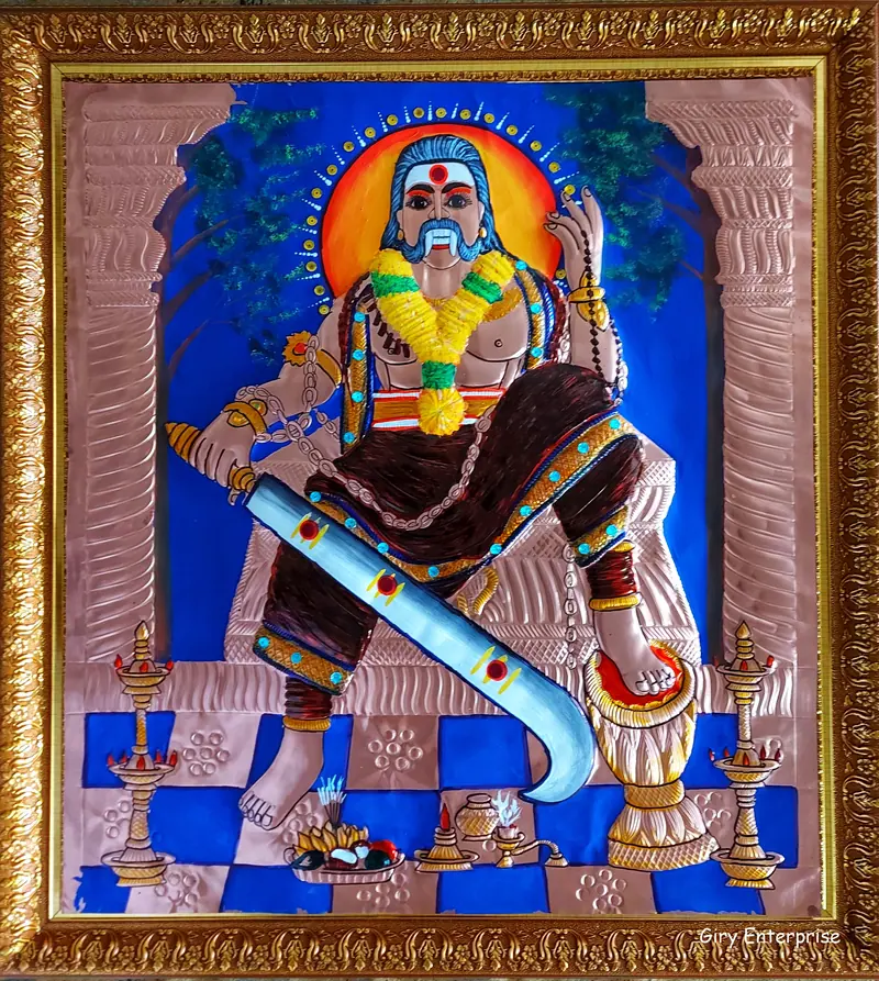 Sanggili Karuppar in hand-tooled copper, painted and framed, full frontal view