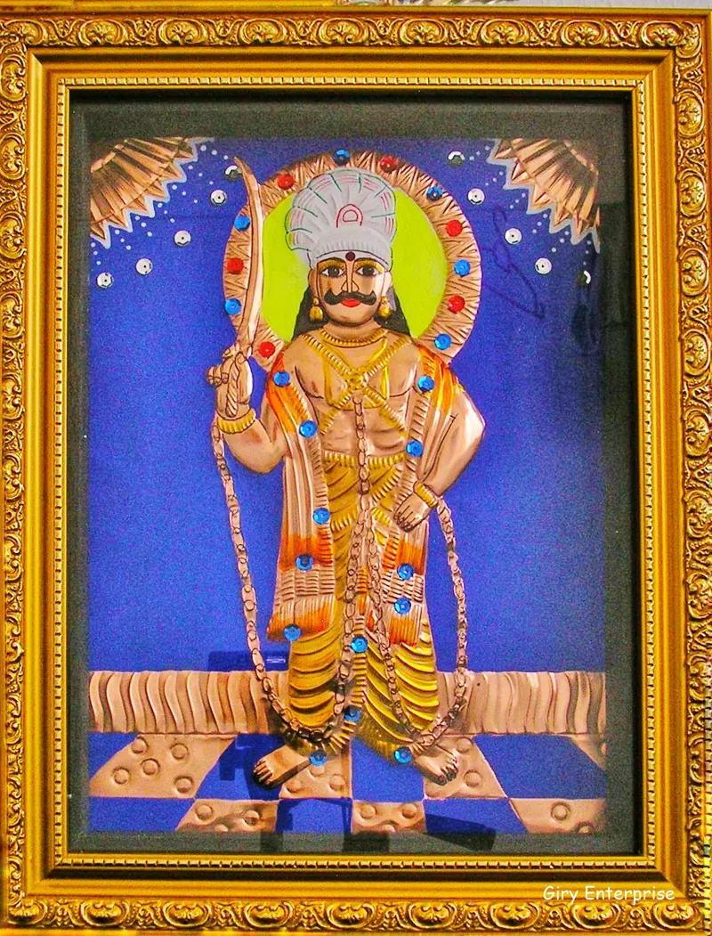 Sanggili Karuppar in hand-tooled copper, painted and framed, full frontal view