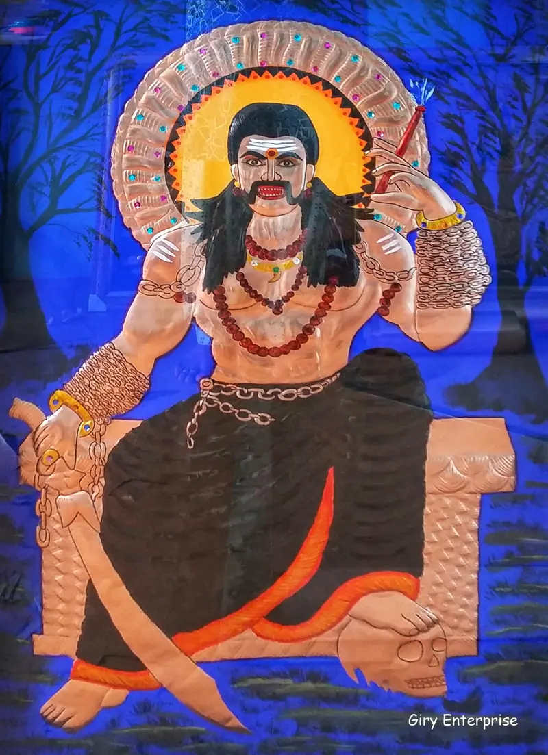 Sanggili Karuppar in hand-tooled copper, painted and framed, full frontal view