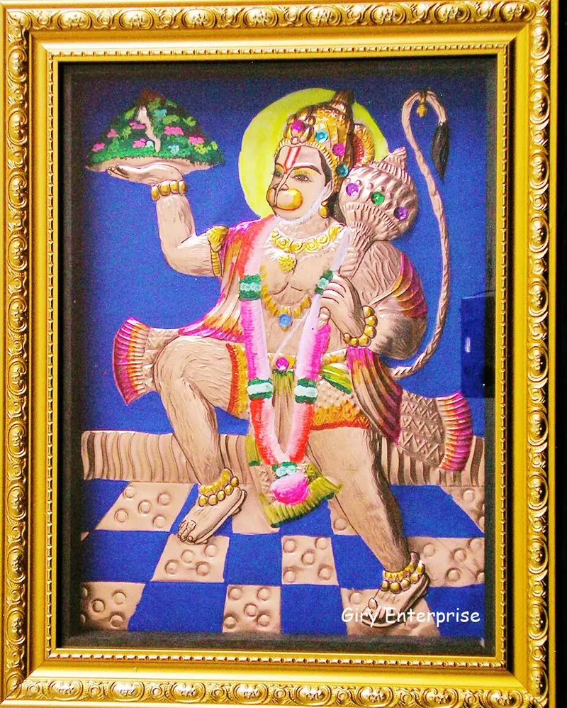 Sanjeevi Hill Hanuman in hand-tooled copper, painted and framed, full frontal view