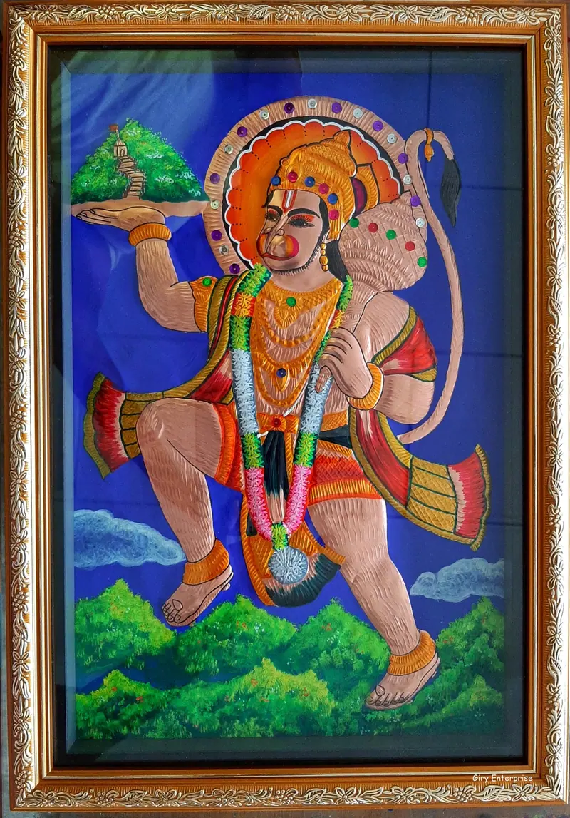 Sanjeevi Hill Hanuman in hand-tooled copper, painted and framed, full frontal view