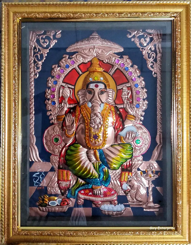 Selva Ganapathi in hand-tooled copper, painted and framed, full frontal view