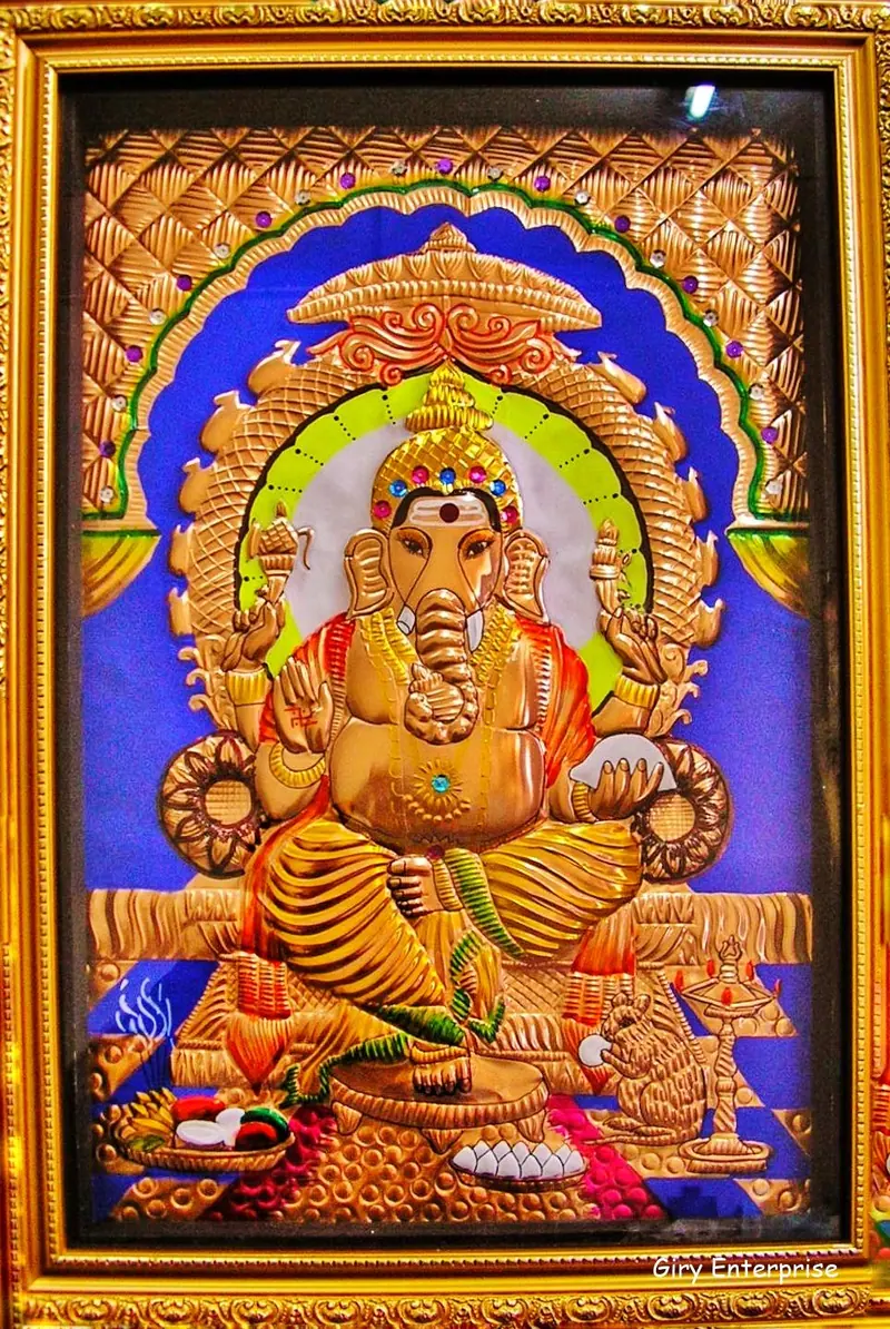 Selva Ganapathi in hand-tooled copper, painted and framed, full frontal view