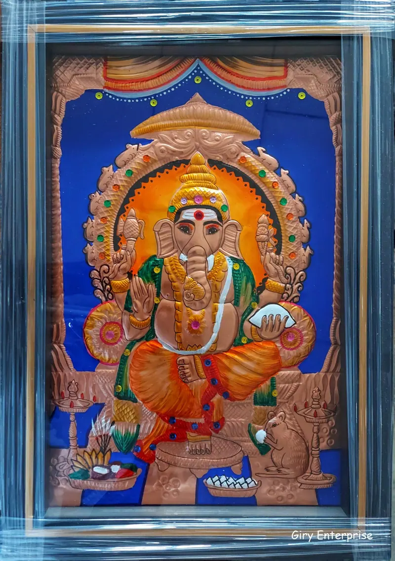 Selva Ganapathi in hand-tooled copper, painted and framed, full frontal view