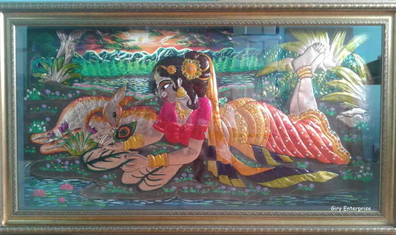 Shakuntala in hand-tooled copper, painted and framed, full frontal view