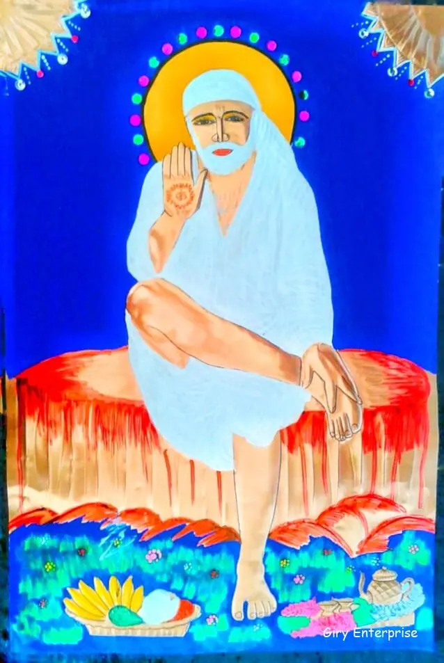 Shirdi Sai Baba in hand-tooled copper, painted and framed, full frontal view