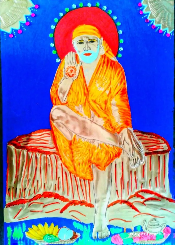Shirdi Sai Baba in hand-tooled copper, painted and framed, full frontal view