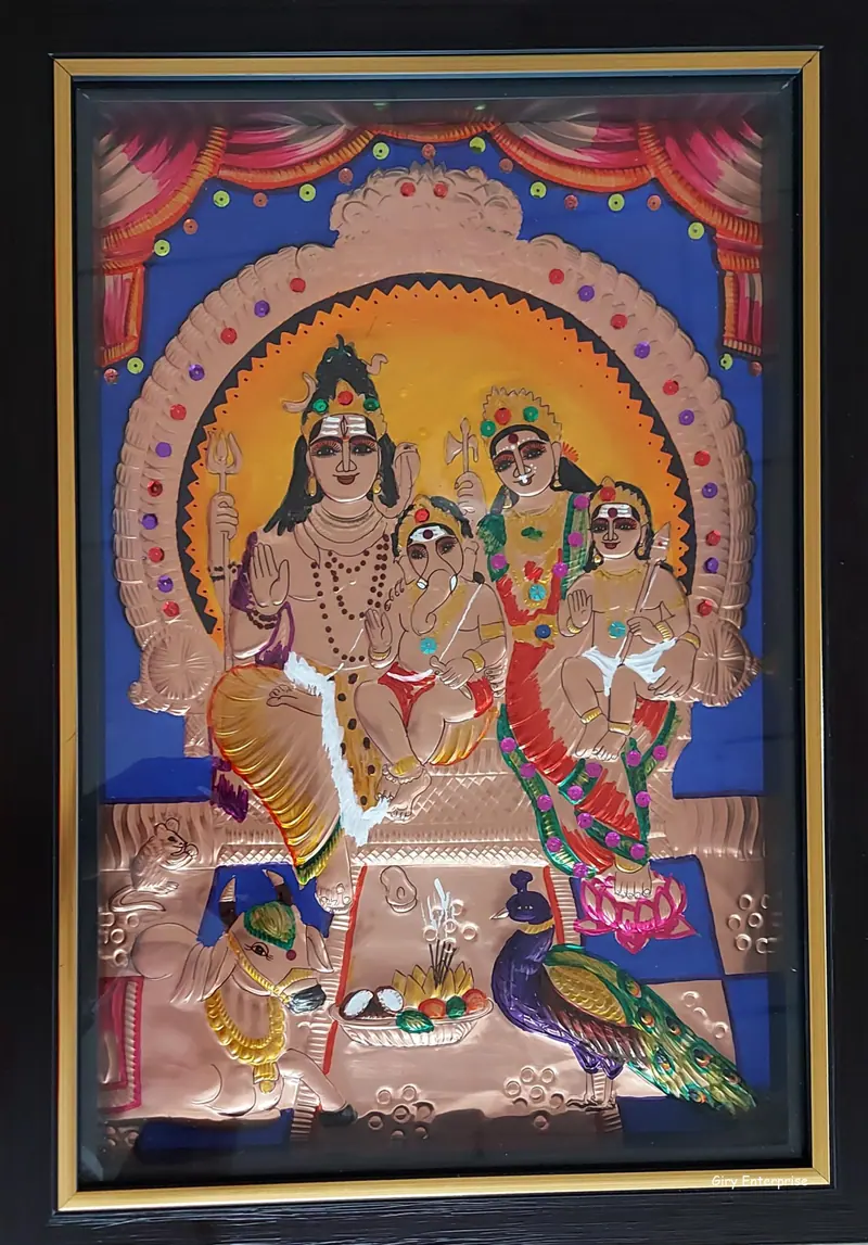 Shivan Family in hand-tooled copper, painted and framed, full frontal view