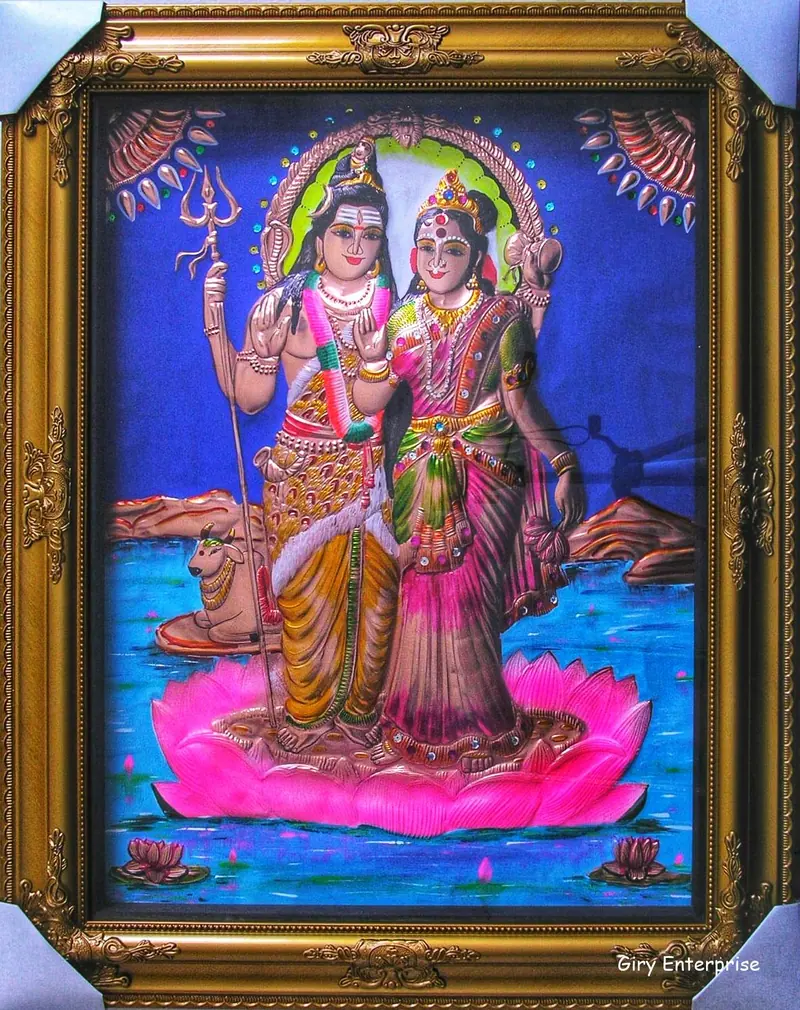 Shivan Parvathy in hand-tooled copper, painted and framed, full frontal view