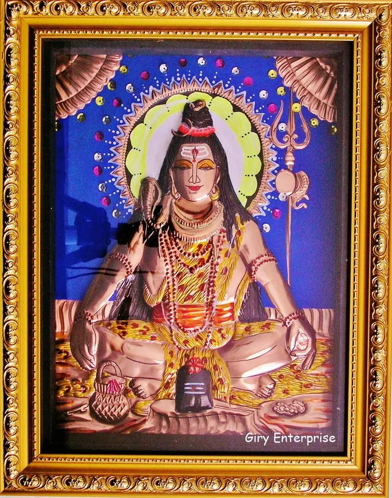 Shivan Thavam in hand-tooled copper, painted and framed, full frontal view