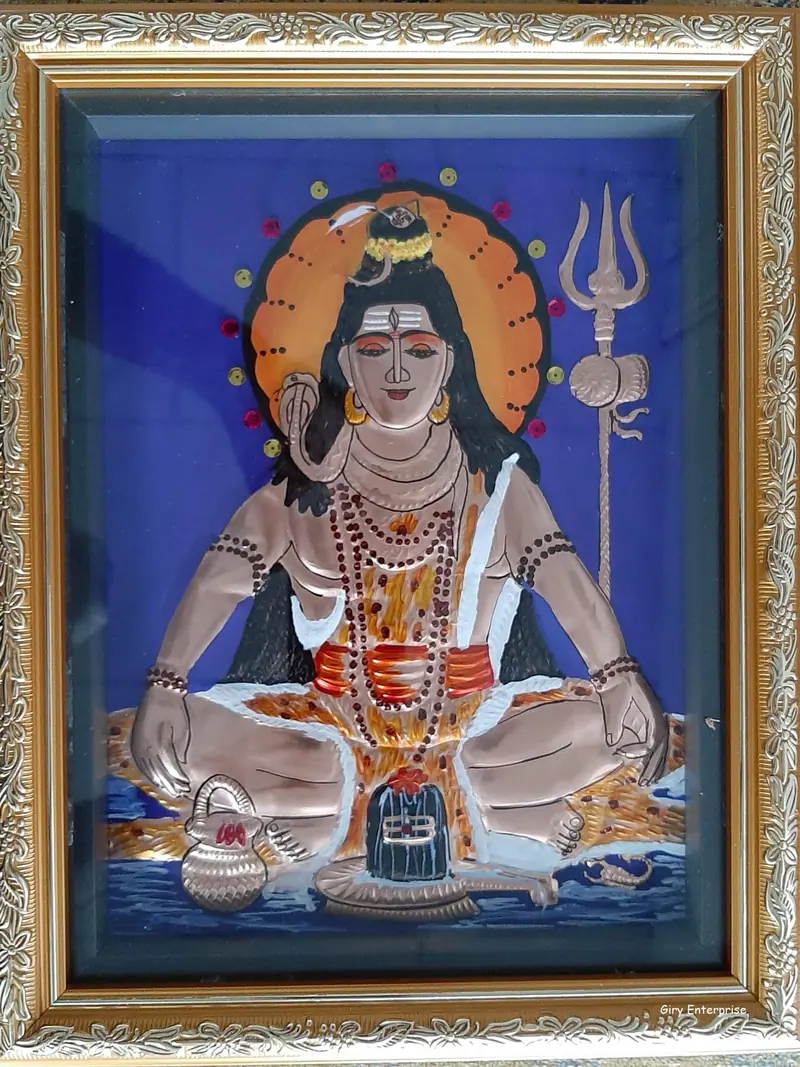 Shivan Thavam in hand-tooled copper, painted and framed, full frontal view