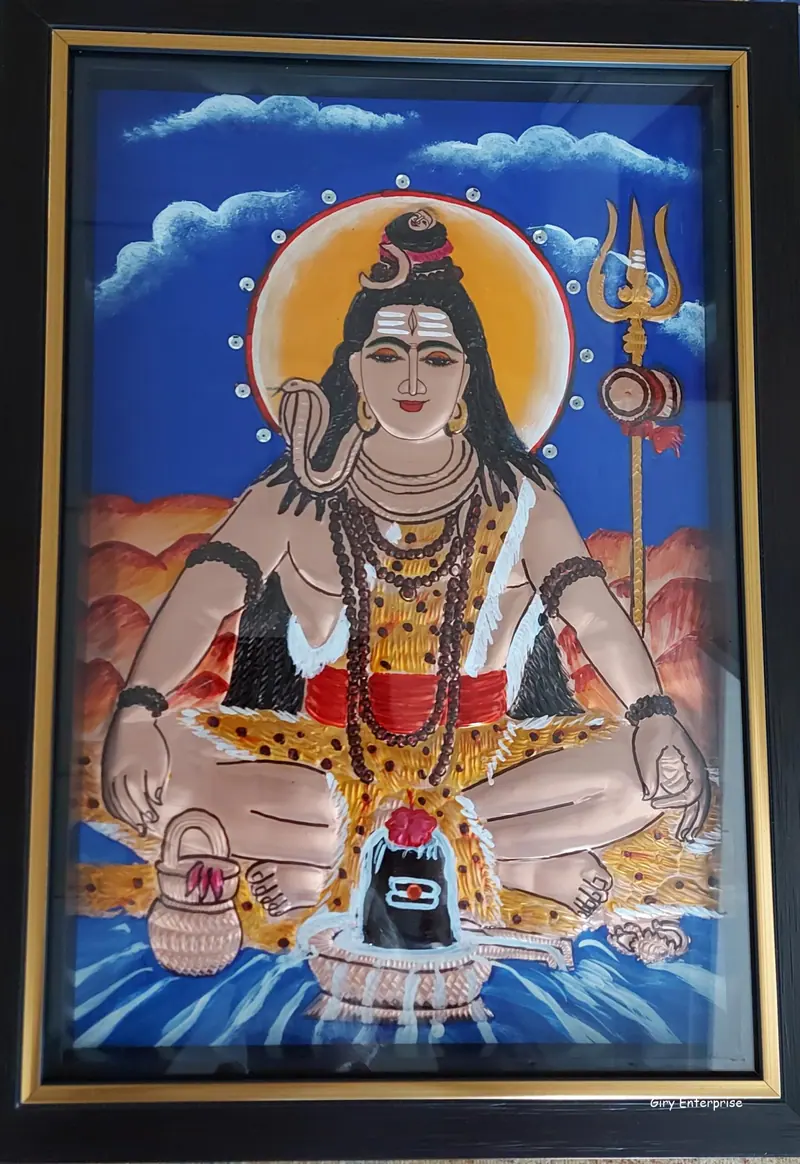 Shivan Thavam in hand-tooled copper, painted and framed, full frontal view
