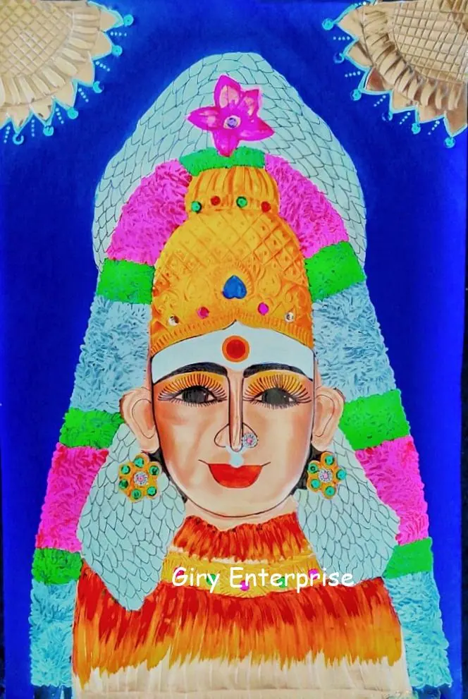 Sri Kerilla Karumariamman in hand-tooled copper, painted and framed, full frontal view