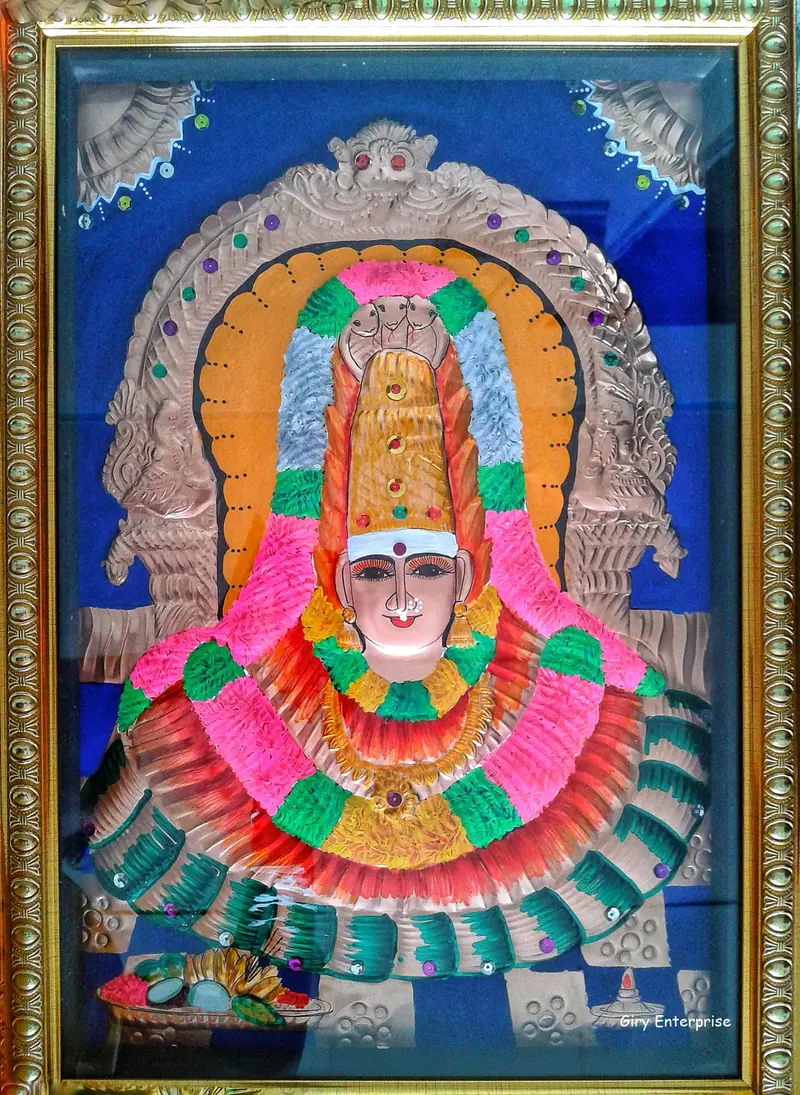 Sri Kerilla Karumariamman in hand-tooled copper, painted and framed, full frontal view