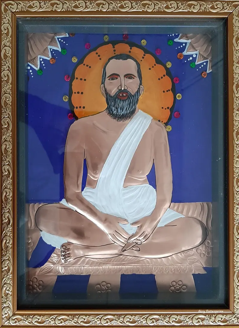Sri Ramakrishna Paramahamsar in hand-tooled copper, painted and framed, full frontal view