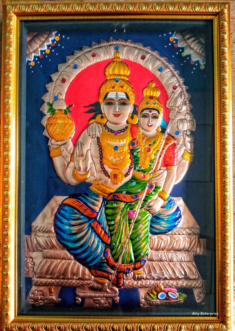 Swarna Akarshana Bhairavar in hand-tooled copper, painted and framed, full frontal view