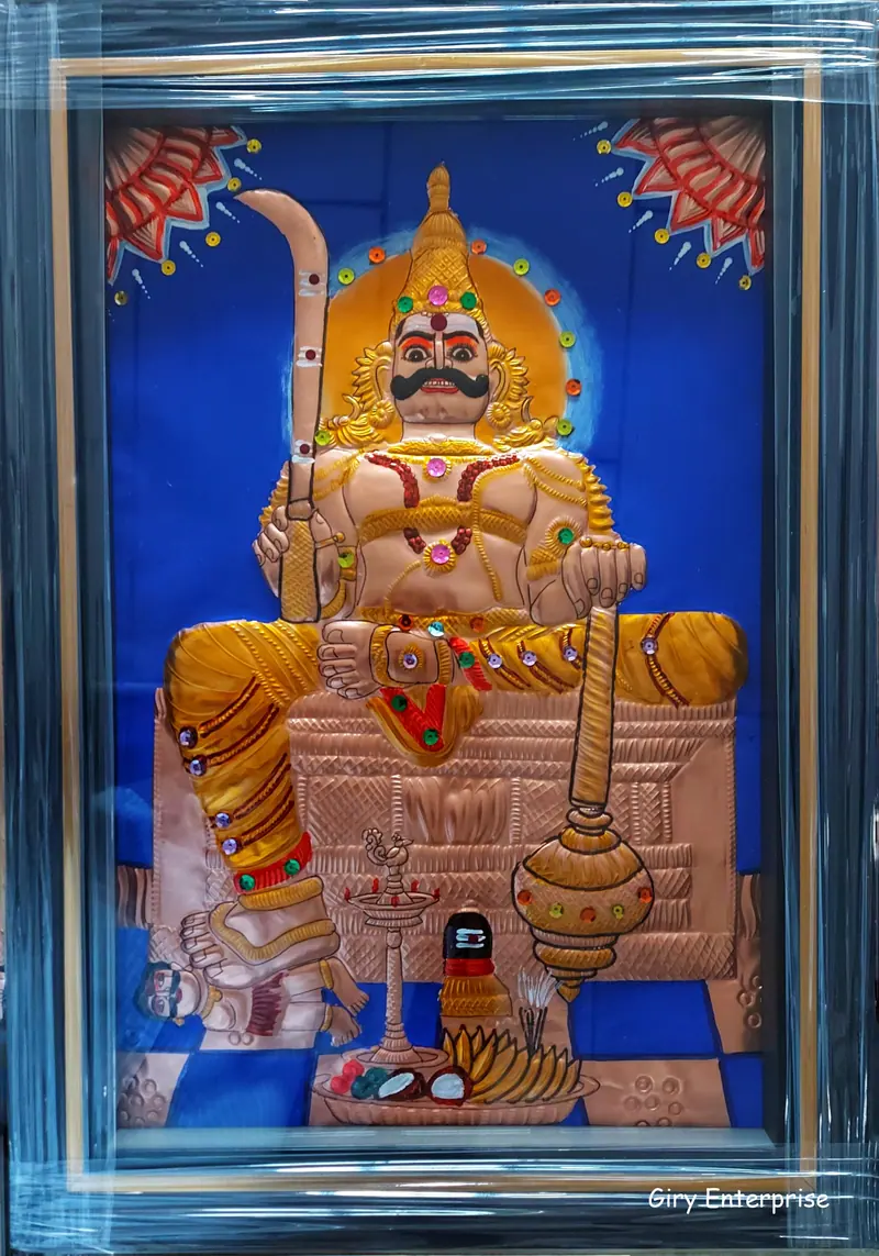 Taiping Sri Ayyanar in hand-tooled copper, painted and framed, full frontal view