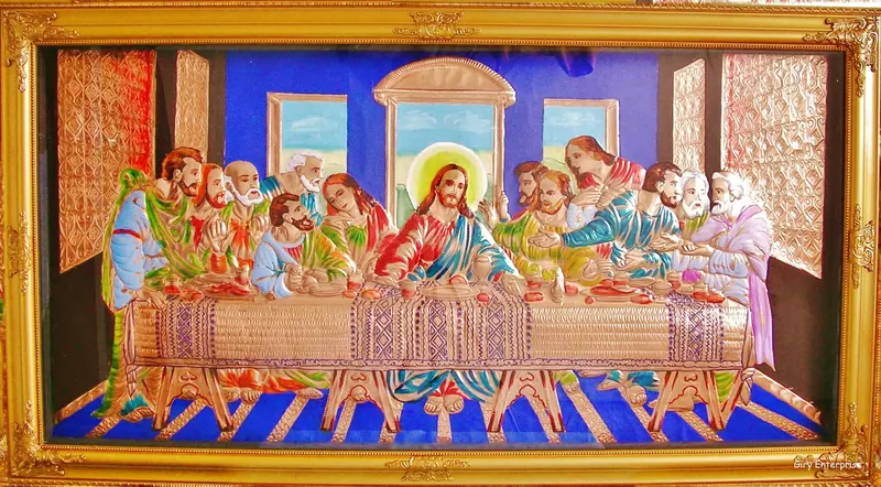 The Last Supper in hand-tooled copper, painted and framed, full frontal view
