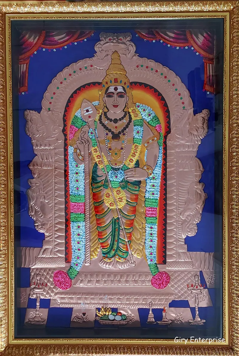 Thiruchendur Murugan in hand-tooled copper, painted and framed, full frontal view
