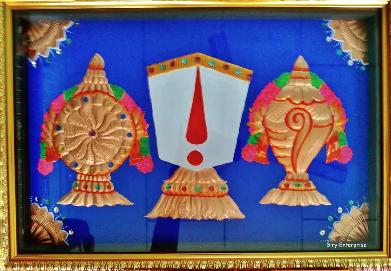 Thirumaan Sangu Chakram in hand-tooled copper, painted and framed, full frontal view