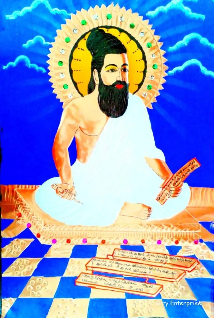 Thiruvalluvar in hand-tooled copper, painted and framed, full frontal view