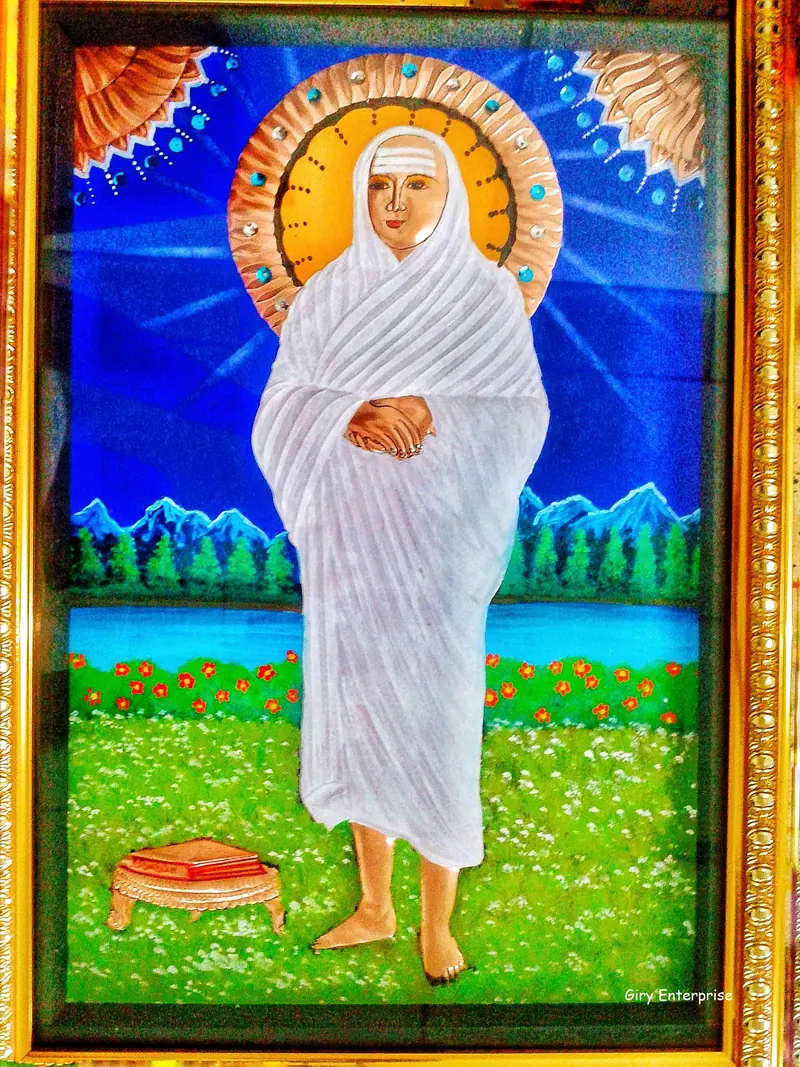 Vallalar Swamigal in hand-tooled copper, painted and framed, full frontal view
