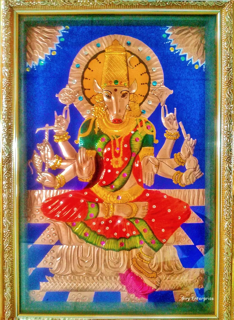 Varahi Amman in hand-tooled copper, painted and framed, full frontal view