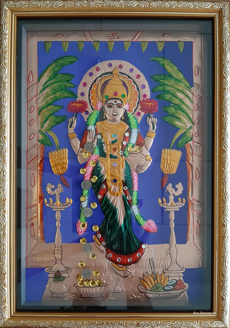 Vasthu Lakshmi in hand-tooled copper, painted and framed, full frontal view