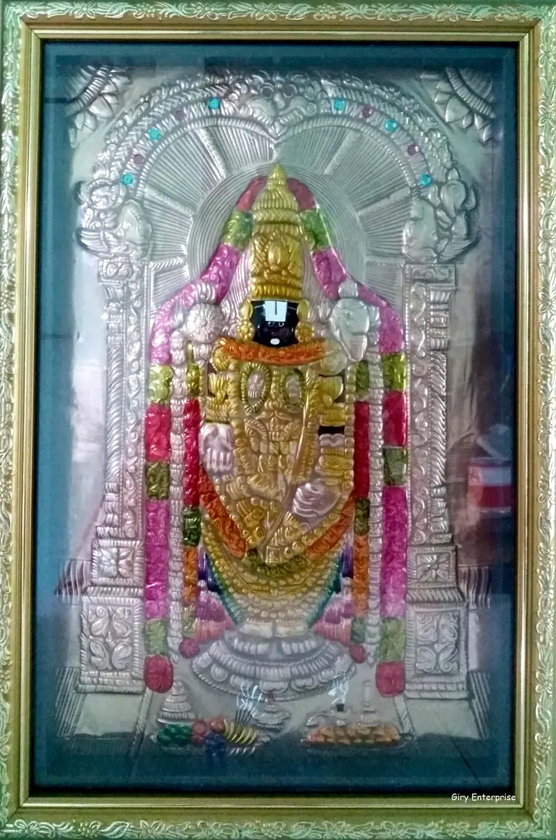 Venkatachalapathy in hand-tooled copper, painted and framed, full frontal view