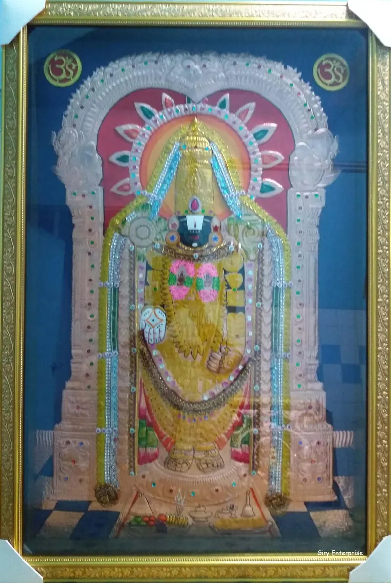 Venkatachalapathy in hand-tooled copper, painted and framed, full frontal view