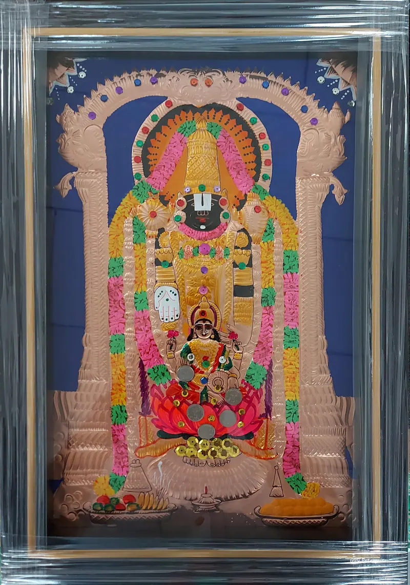 Venkatachalapathy Lakshmi in hand-tooled copper, painted and framed, full frontal view