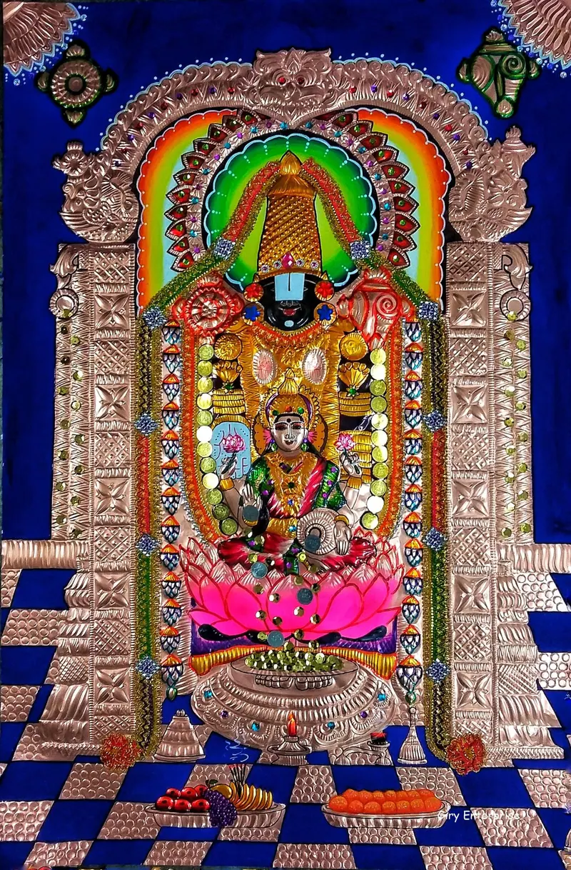 Venkatachalapathy Lakshmi in hand-tooled copper, painted and framed, full frontal view