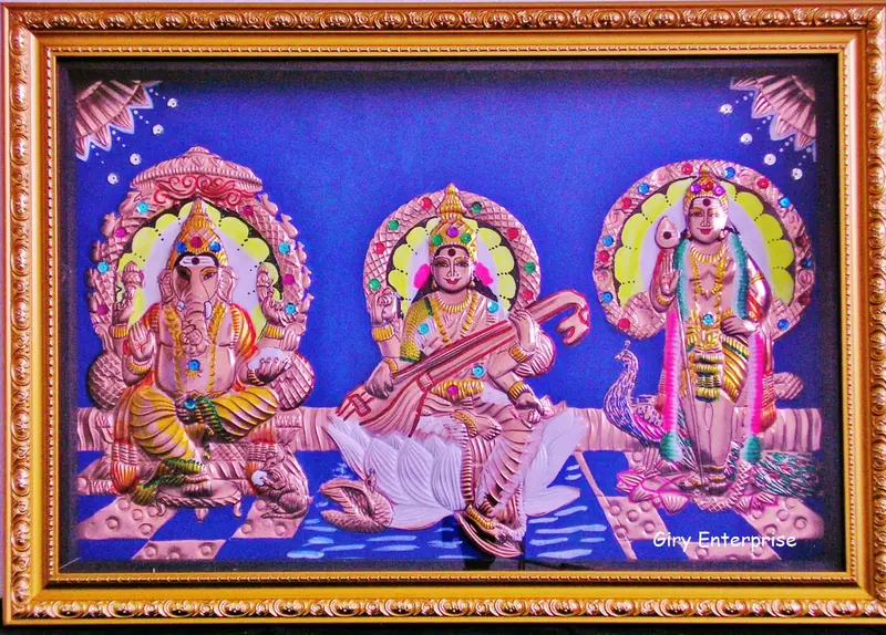 Vinayagar Saraswathi Murugan in hand-tooled copper, painted and framed, full frontal view