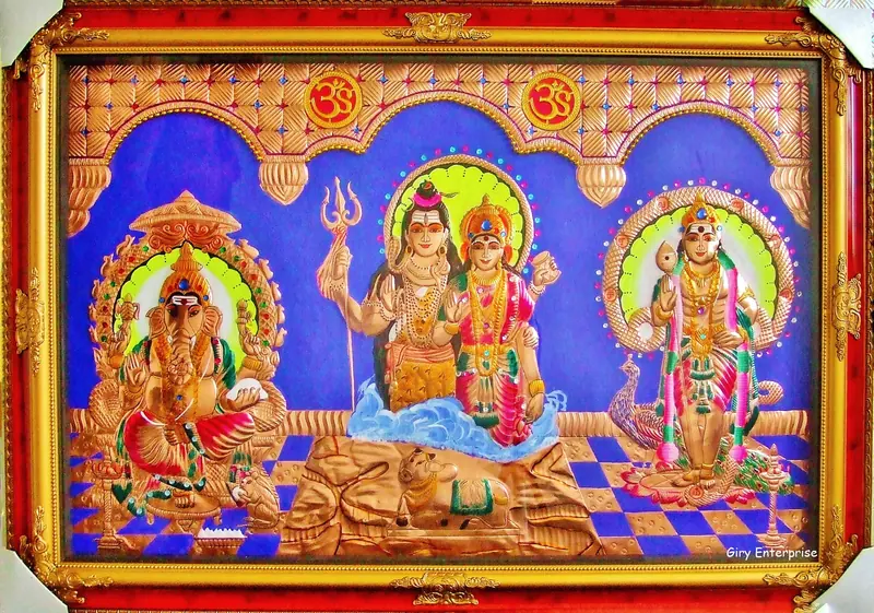 Vinayagar Shivan Parvathy and Murugan in hand-tooled copper, painted and framed, full frontal view