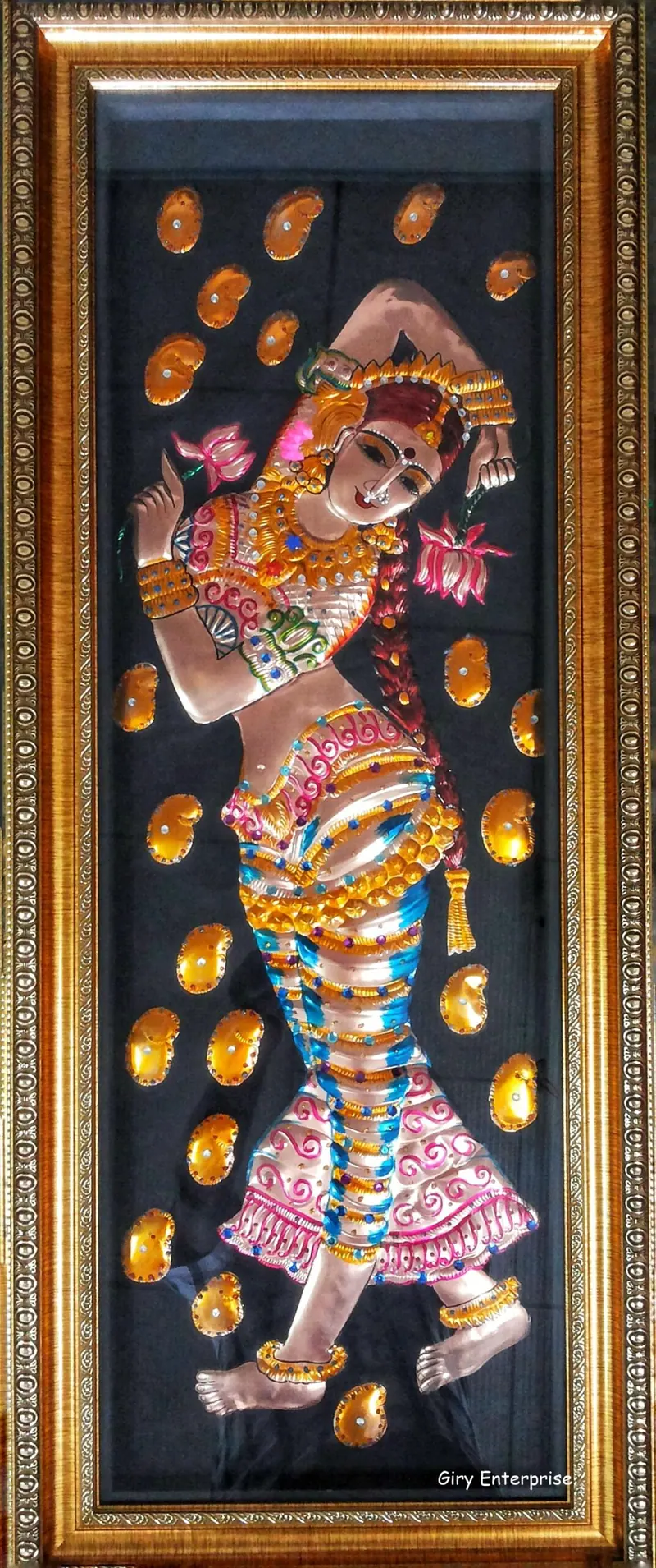 Welcoming Girls (Pair) in hand-tooled copper, painted and framed, full frontal view