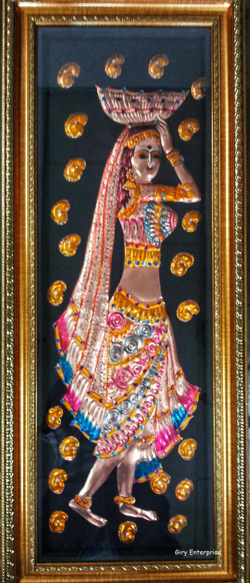 Welcoming Girls (Pair) in hand-tooled copper, painted and framed, full frontal view