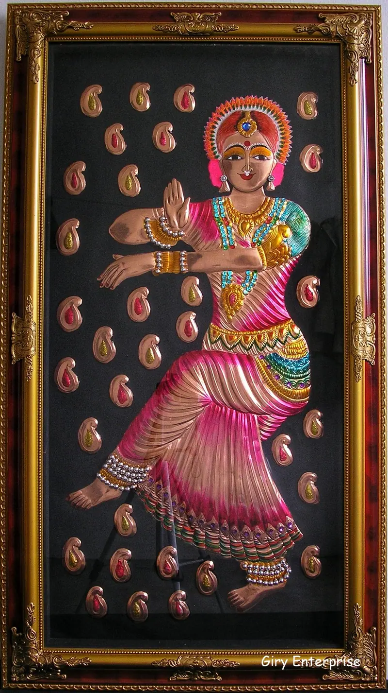 Welcoming Girls (Pair) in hand-tooled copper, painted and framed, full frontal view